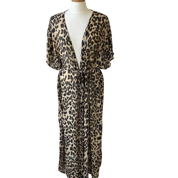 Leopard Print Long Duster Kimono Robe Women XL Brown Tie Waist Beach Cover Up - Picture 1 of 8